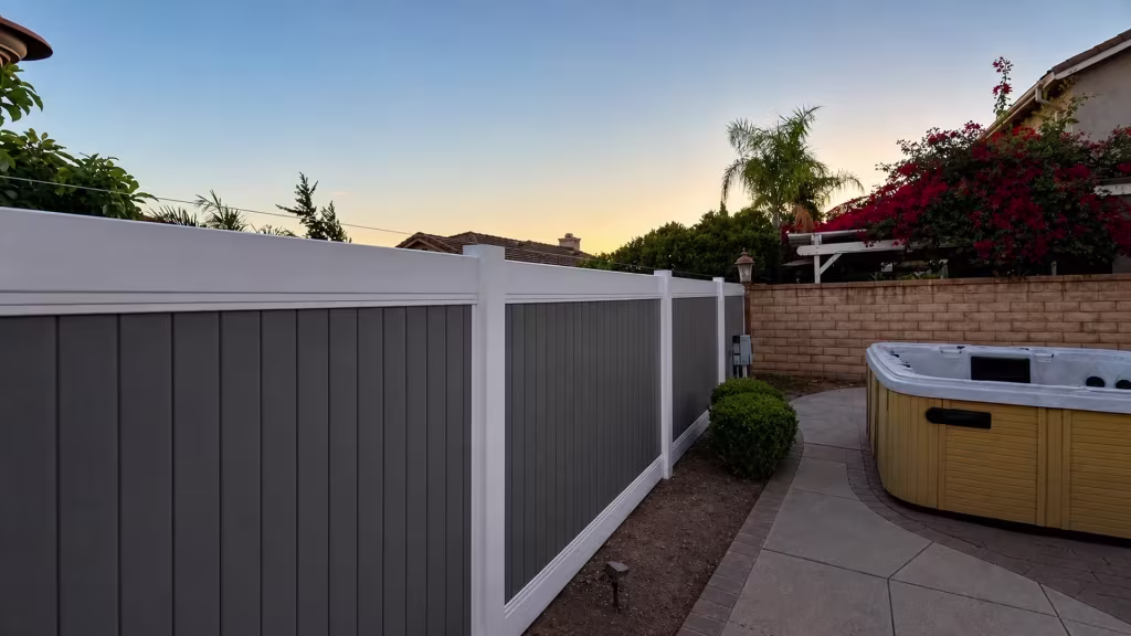 White posts and gray privacy panels form a two-tone vinyl fence around a patio spa in Rancho Cucamonga