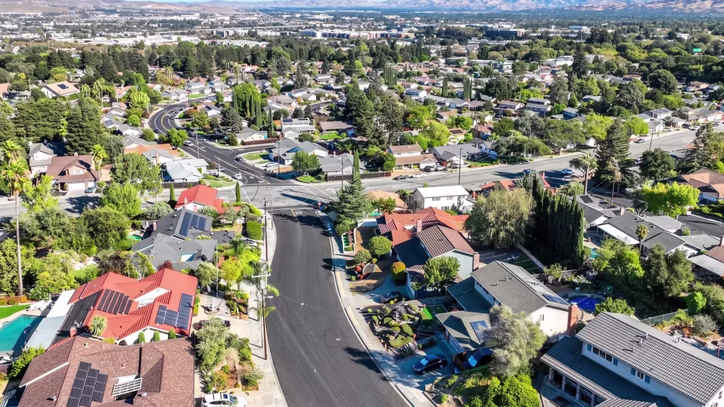Winding roads connect the residential developments spread across Dublin in this aerial neighborhood view