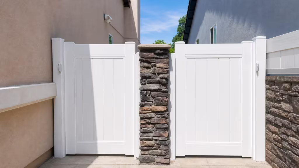 A stacked-stone masonry pier separates gate leaves belonging to a White vinyl fence between stucco homes in Duarte