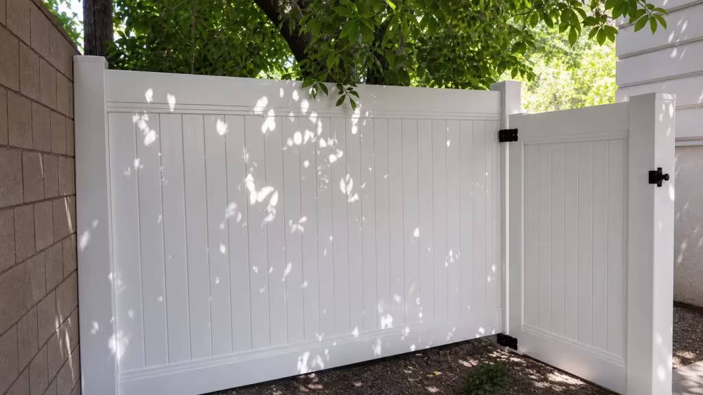 A tan masonry wall and the house itself flank the gate and privacy fence panels of this White vinyl run in San Marino