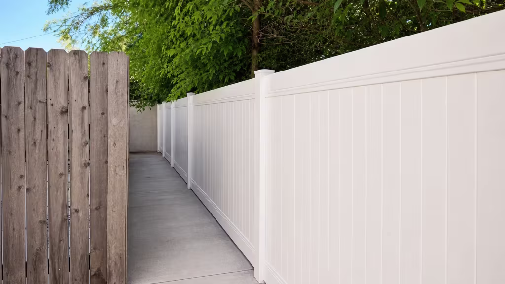 Overhanging tree branches shade the spot where White vinyl privacy fence terminates at a rear wall in West Hollywood