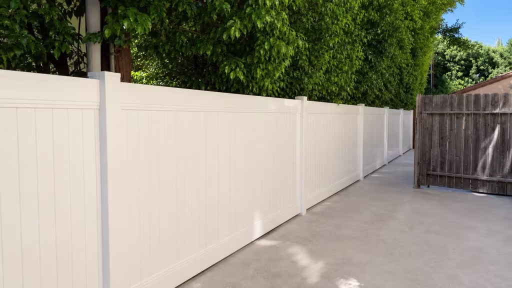 An existing wooden gate stands beyond this White vinyl privacy fence lining a shaded walkway in West Hollywood
