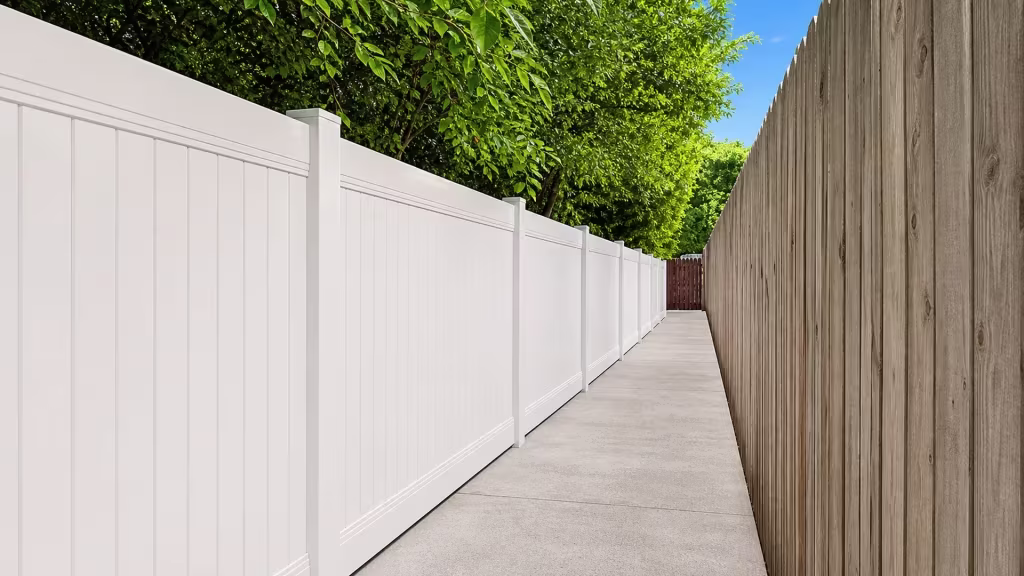 A tall weathered wood boundary fence stands opposite this White vinyl privacy fence beneath a blue West Hollywood sky