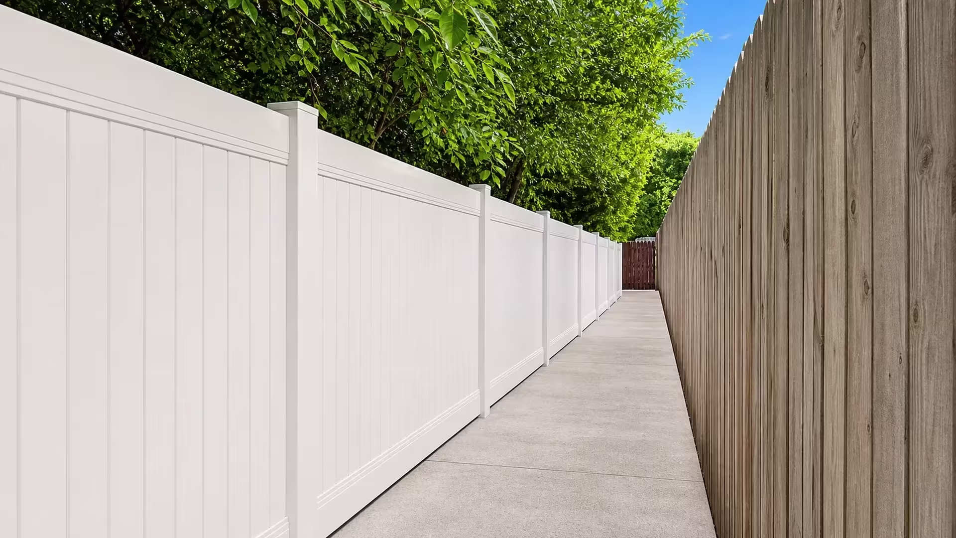 A tall weathered wood boundary fence stands opposite this White vinyl privacy fence beneath a blue West Hollywood sky