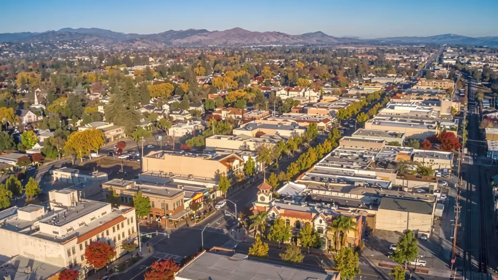 Gilroy's main commercial corridor runs through a compact, low-rise town center