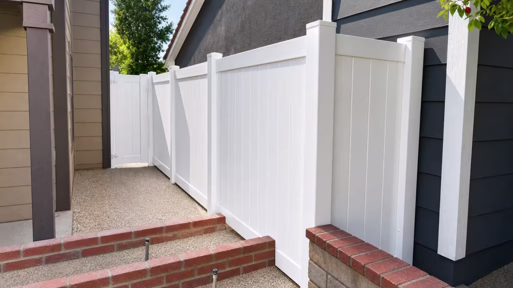 White vinyl vertical picket fence turns a solid privacy corner beside a dark stucco wall in Chino