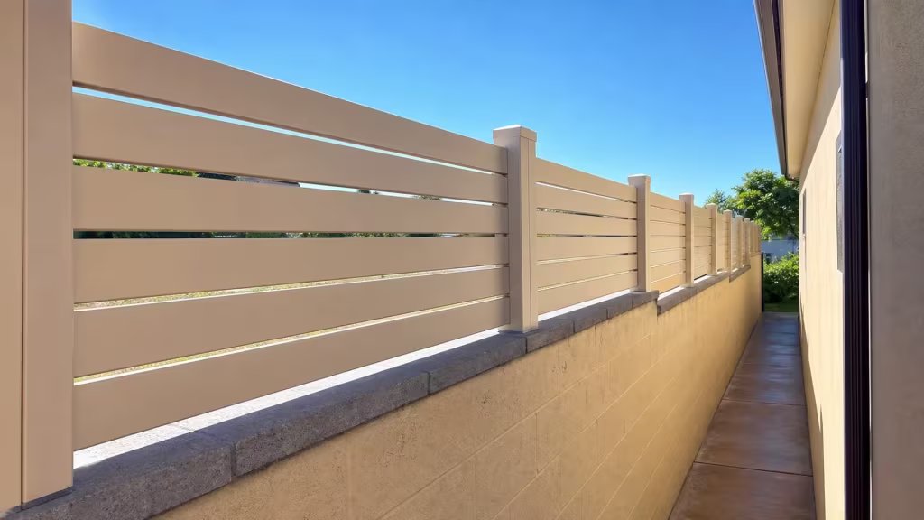 Dark gutters and downspouts trace the stucco buildings beside this Tan vinyl privacy wall topper