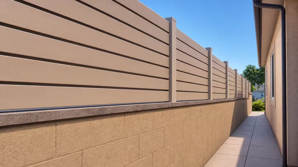 Six horizontal boards fill each panel of this Tan vinyl privacy wall topper capping a Burbank block wall