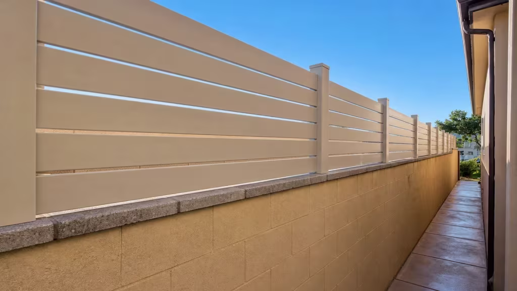 A long block wall with gray coping carries this Burbank passage's Tan vinyl topper, added for privacy