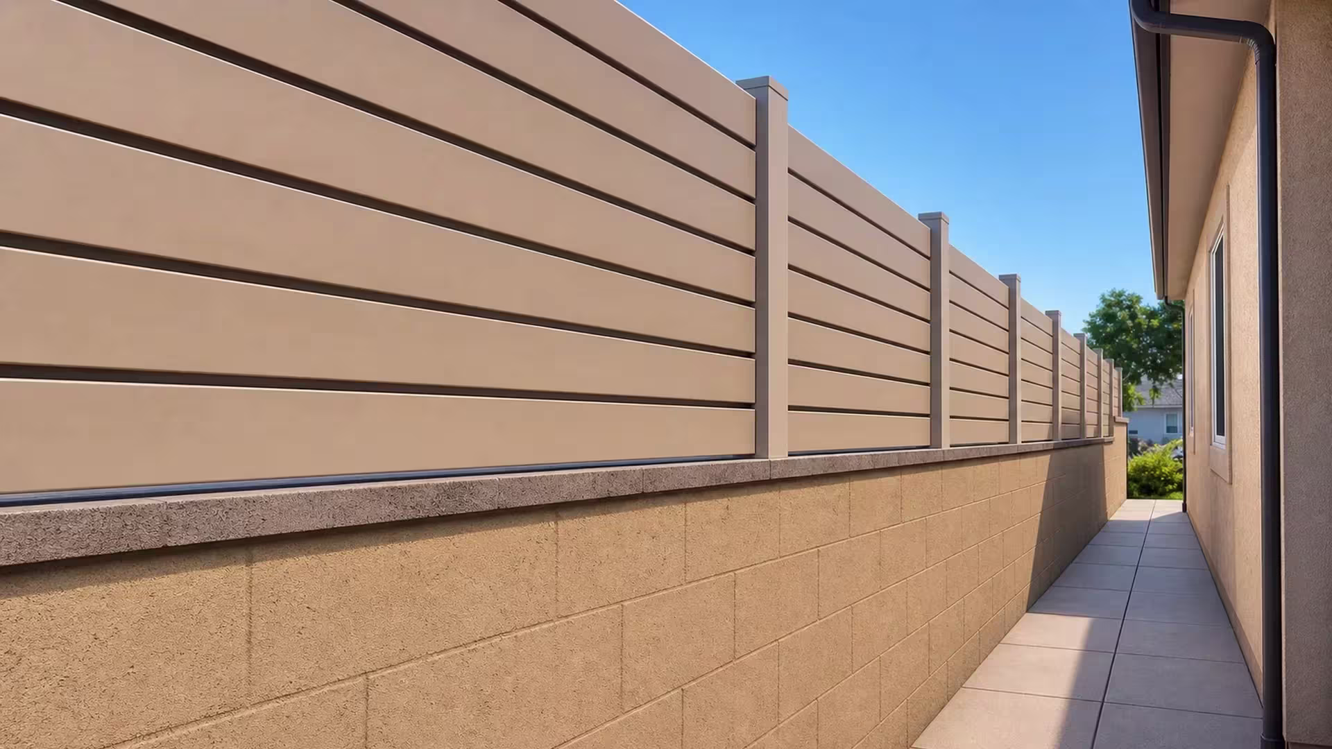 Six horizontal boards fill each panel of this Tan vinyl privacy wall topper capping a Burbank block wall