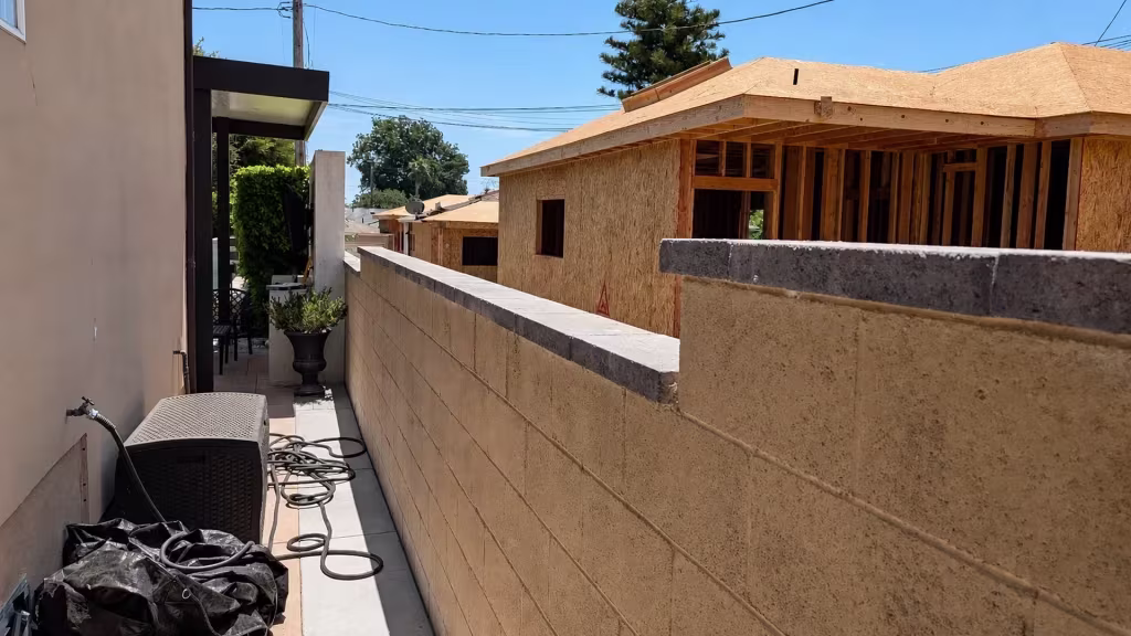 Before installation, a narrow side yard has a bare tan block wall, hoses, stored items, and neighboring construction.