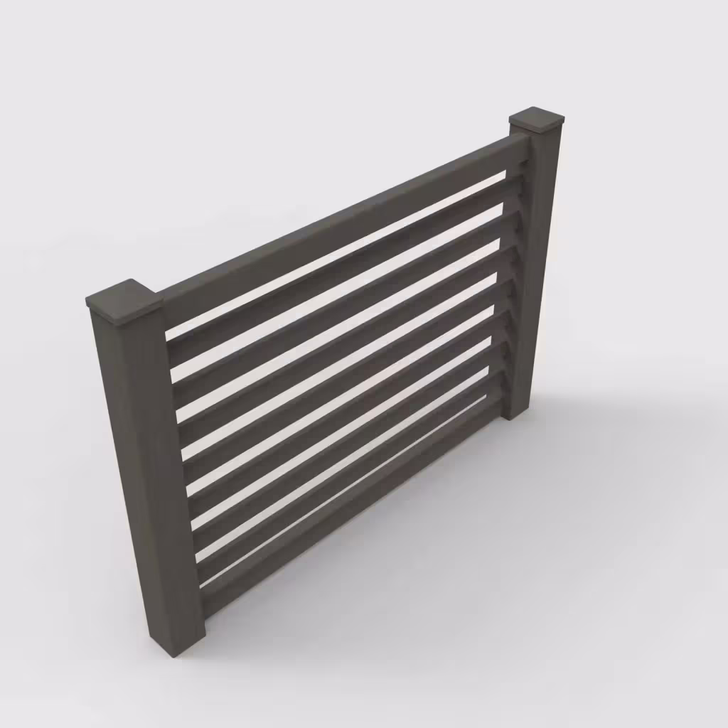 D. walnut horizontal picket 4 ft fence, isometric view