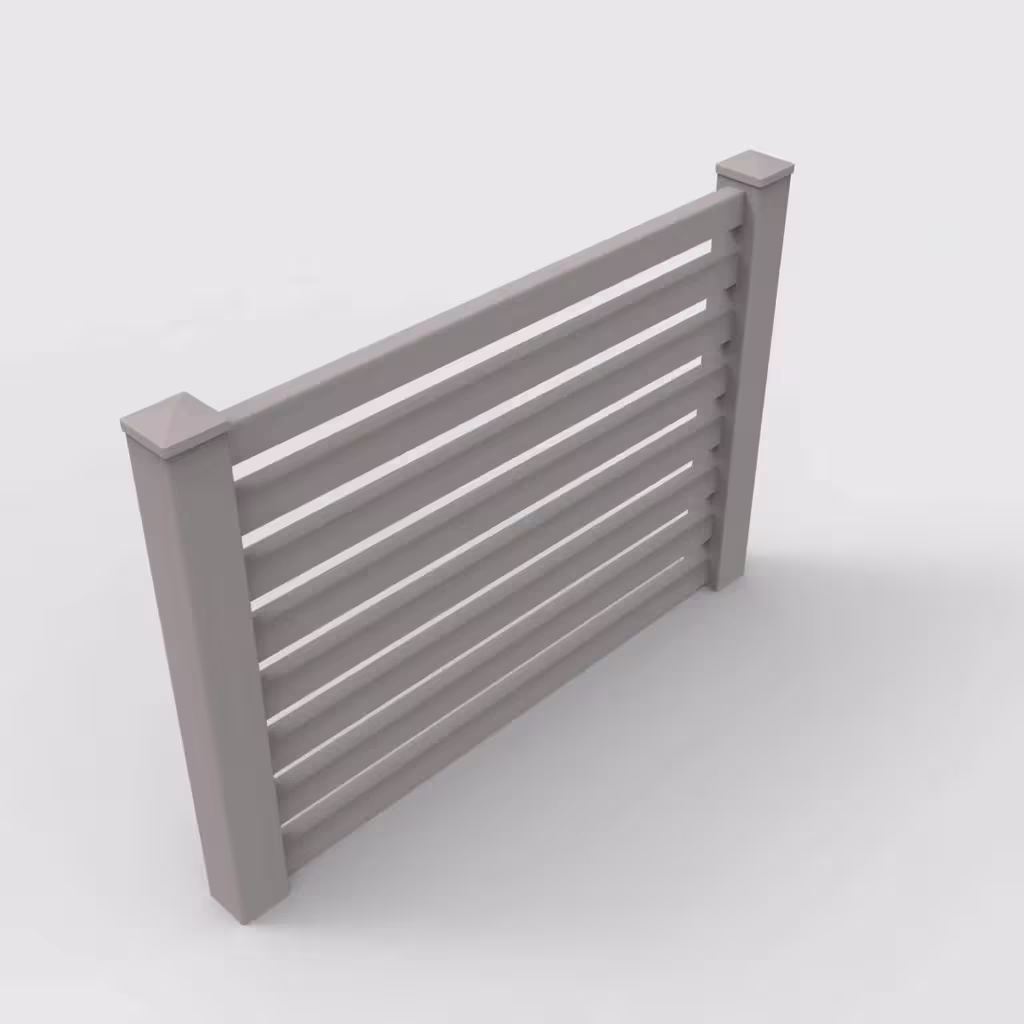 Slate gray horizontal picket 4 ft fence, isometric view