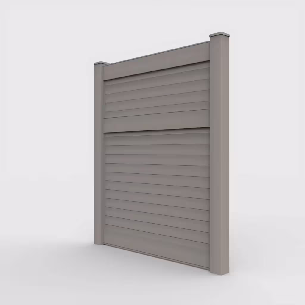 Gray horizontal privacy 7 ft fence, left-side view