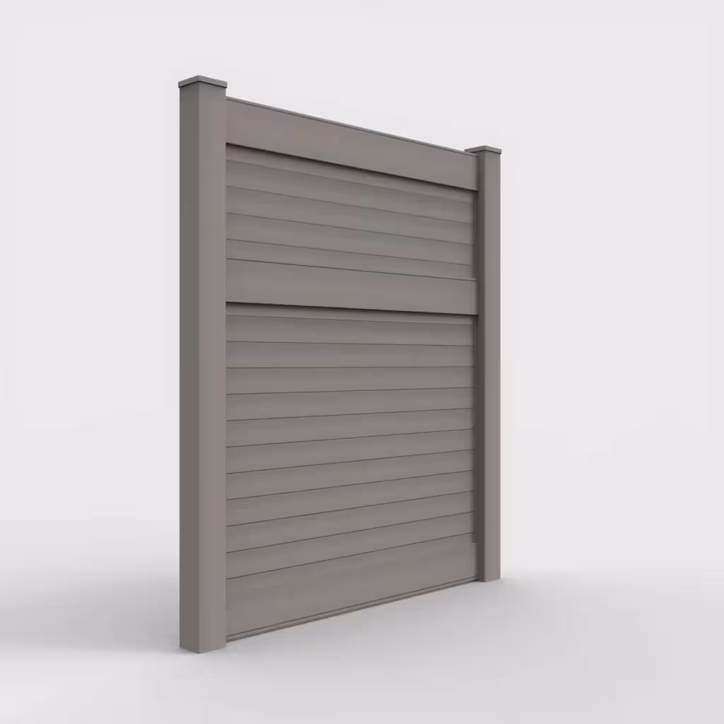 Gray horizontal privacy 7 ft fence, right-side view