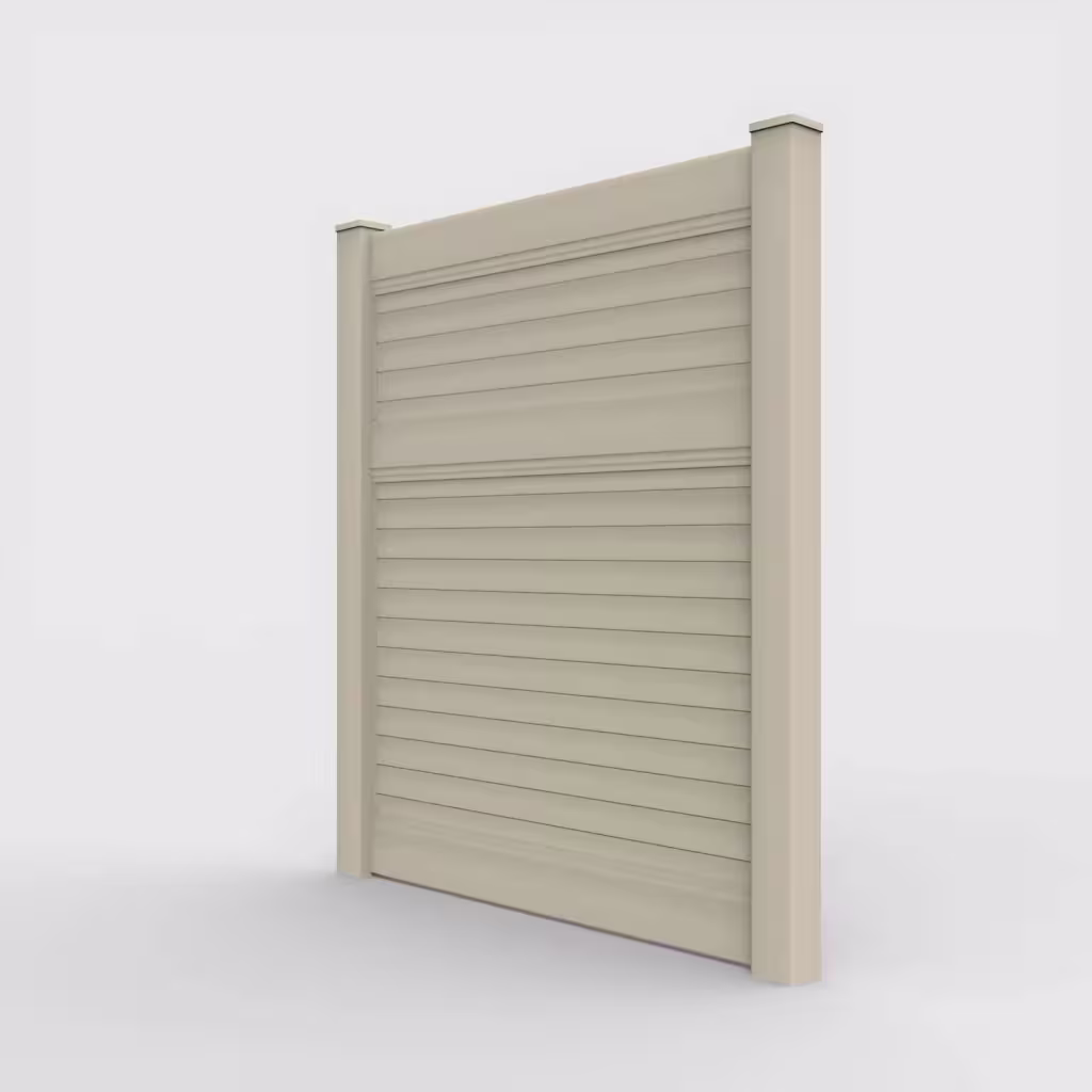 Tan horizontal privacy 7 ft fence, left-side view