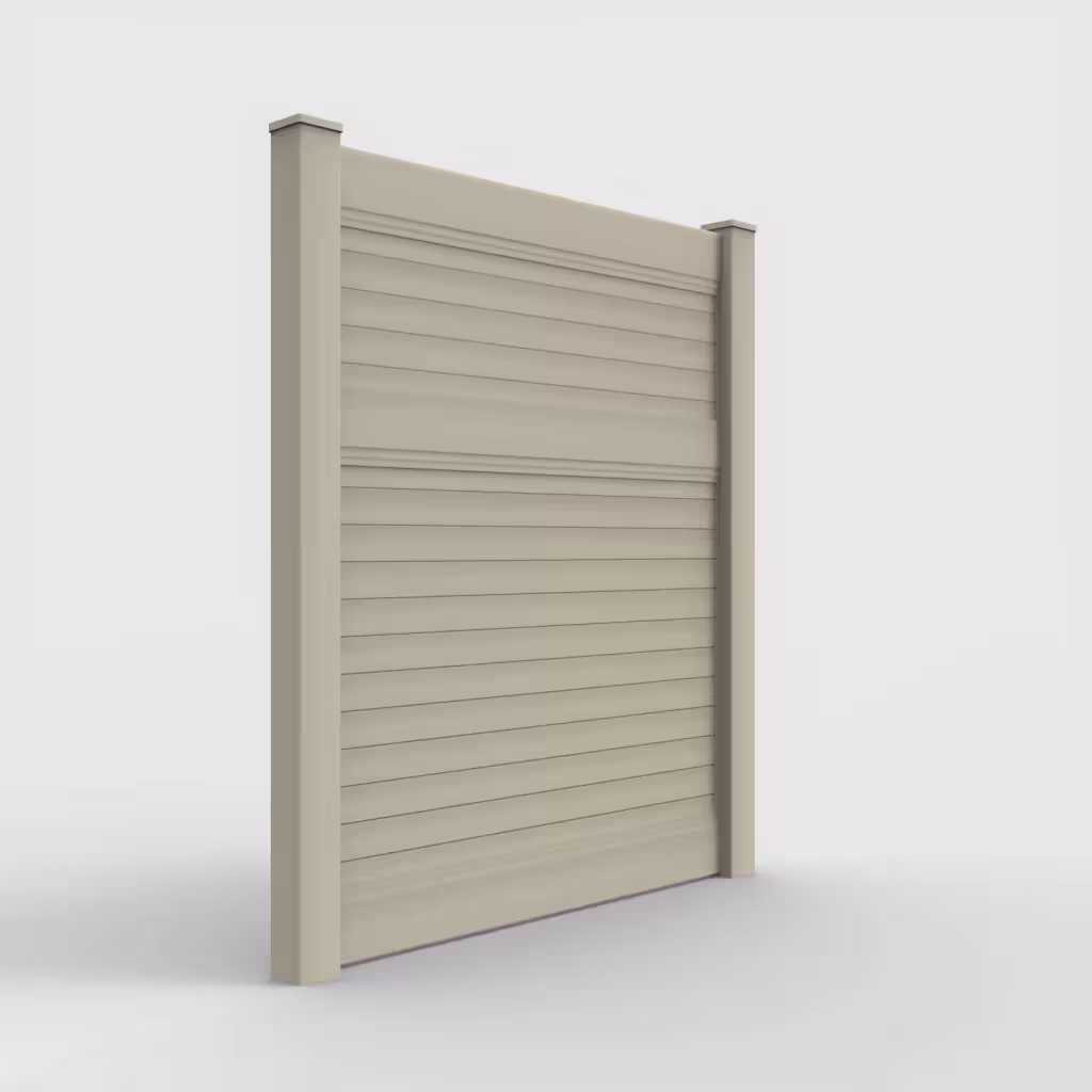 Tan horizontal privacy 7 ft fence, right-side view