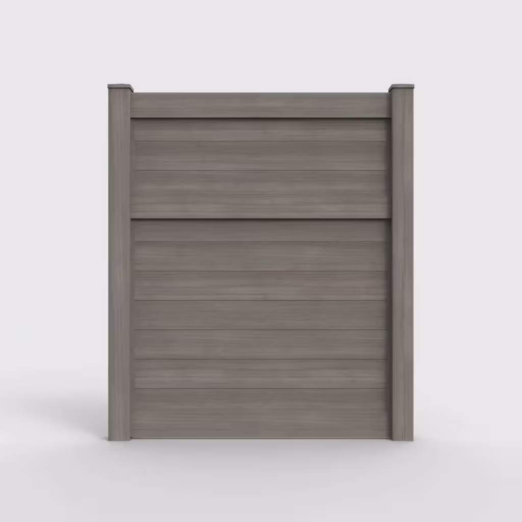Weathered blend horizontal privacy 7 ft fence, front view