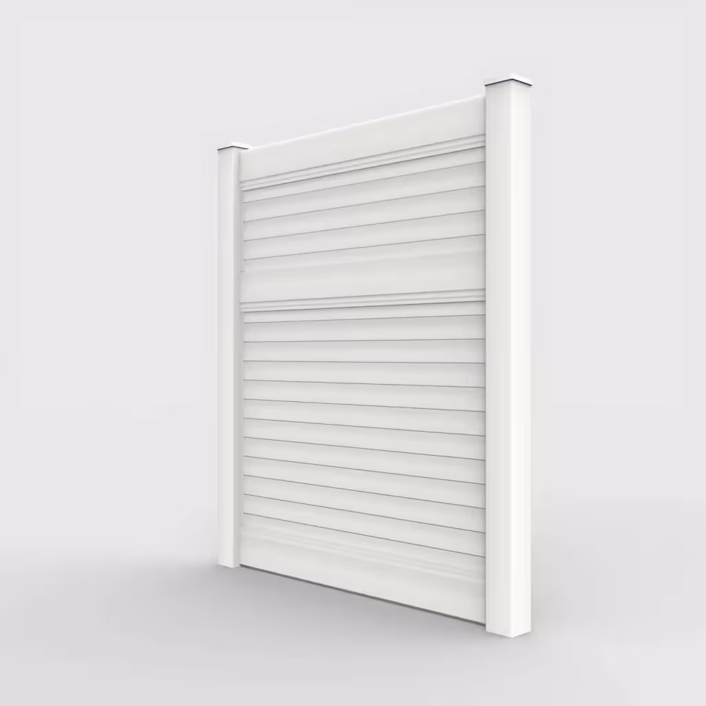 White horizontal privacy 7 ft fence, left-side view