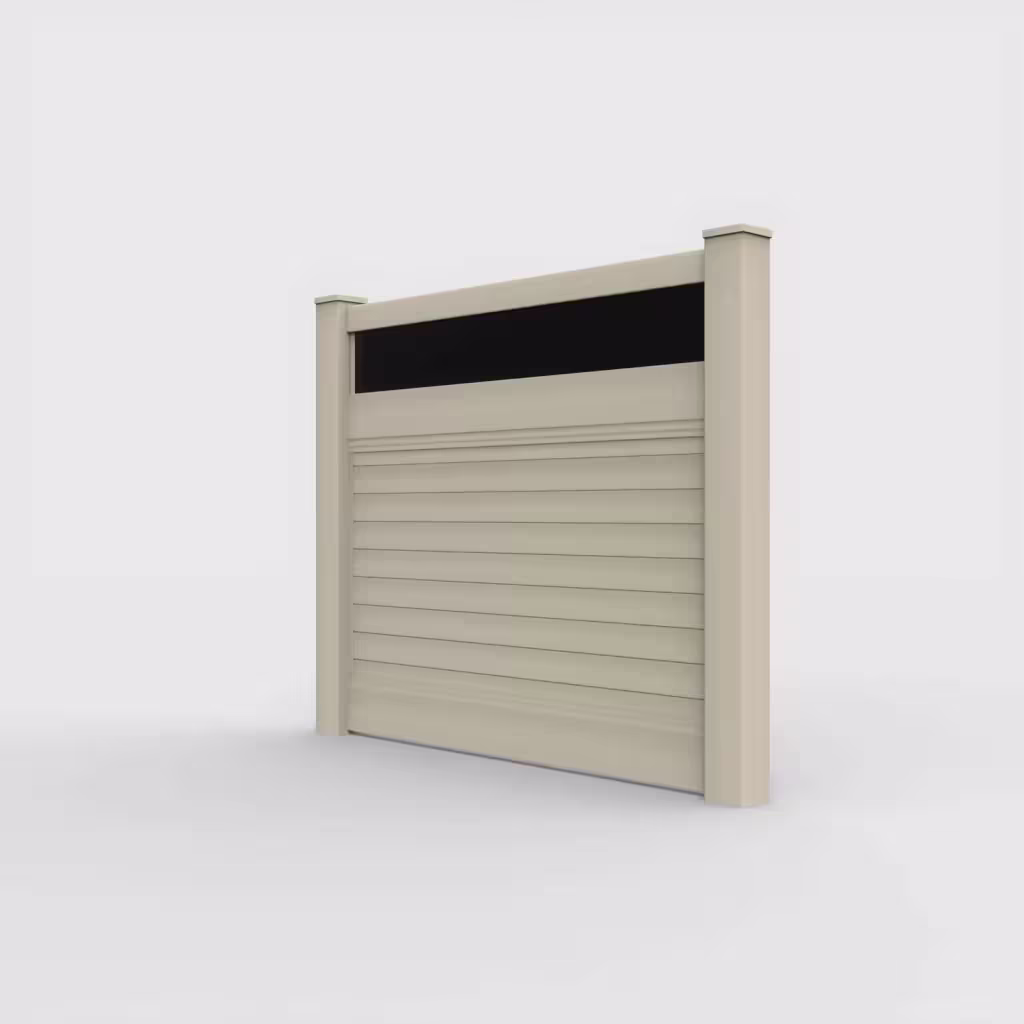 Tan horizontal privacy with acrylic top 5 ft fence, left-side view