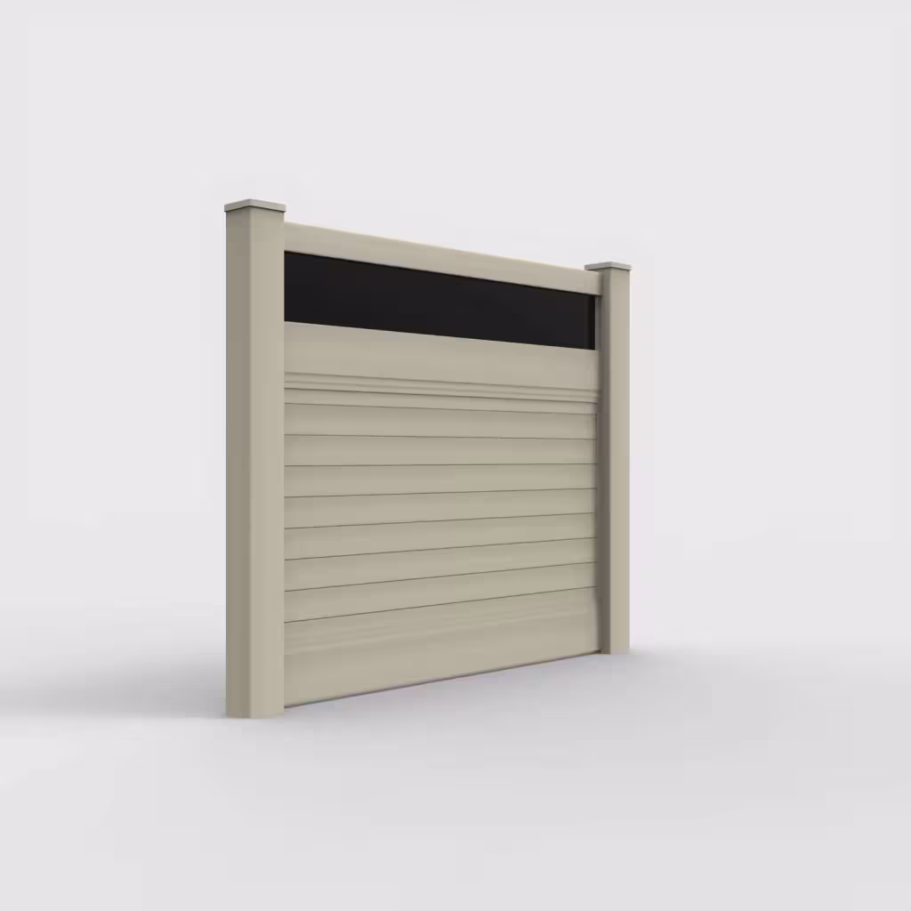Tan horizontal privacy with acrylic top 5 ft fence, right-side view