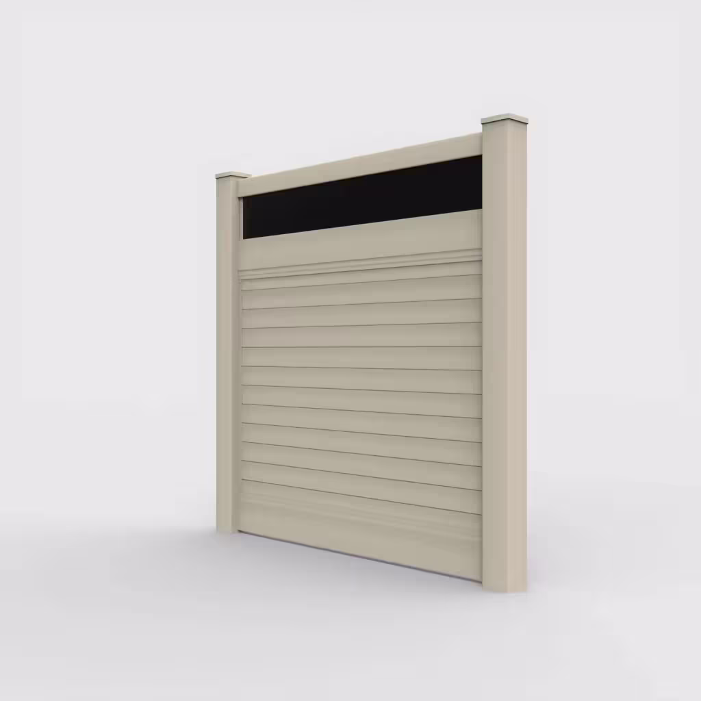 Tan horizontal privacy with acrylic top 6 ft fence, left-side view