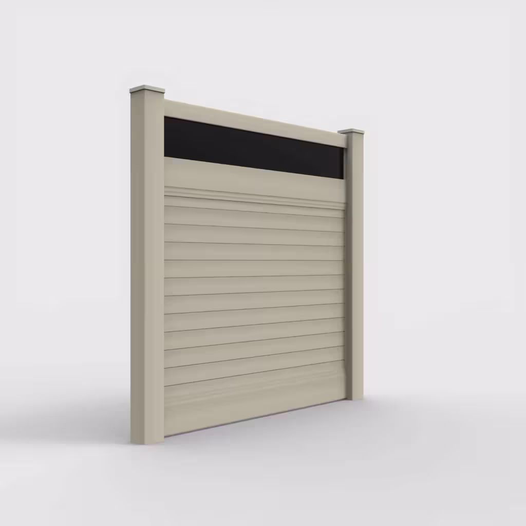 Tan horizontal privacy with acrylic top 6 ft fence, right-side view