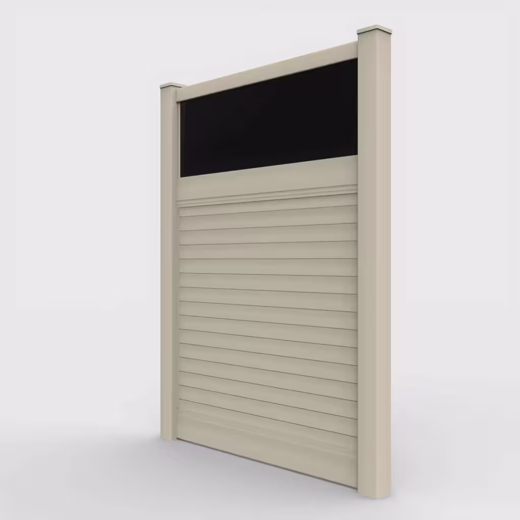 Tan horizontal privacy with acrylic top 8 ft fence, left-side view