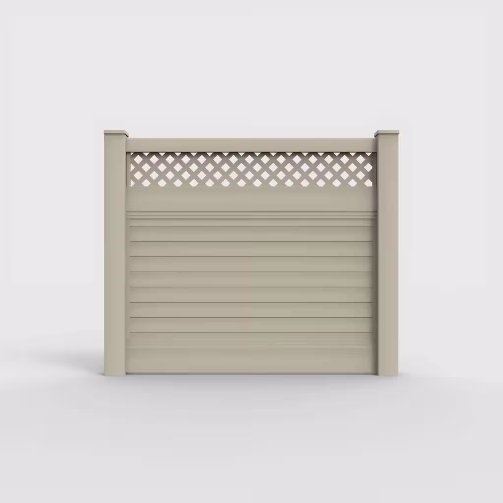 Tan horizontal privacy with lattice top 5 ft fence, front view
