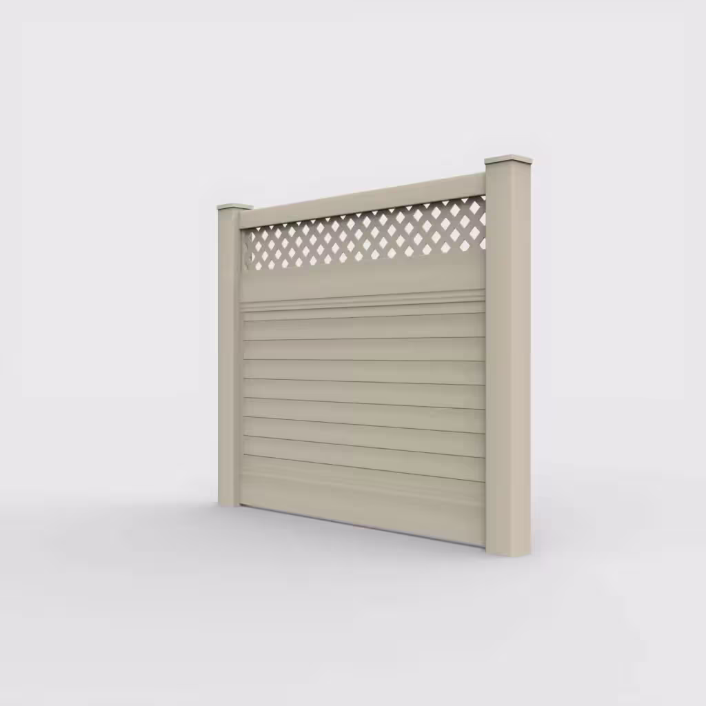Tan horizontal privacy with lattice top 5 ft fence, left-side view