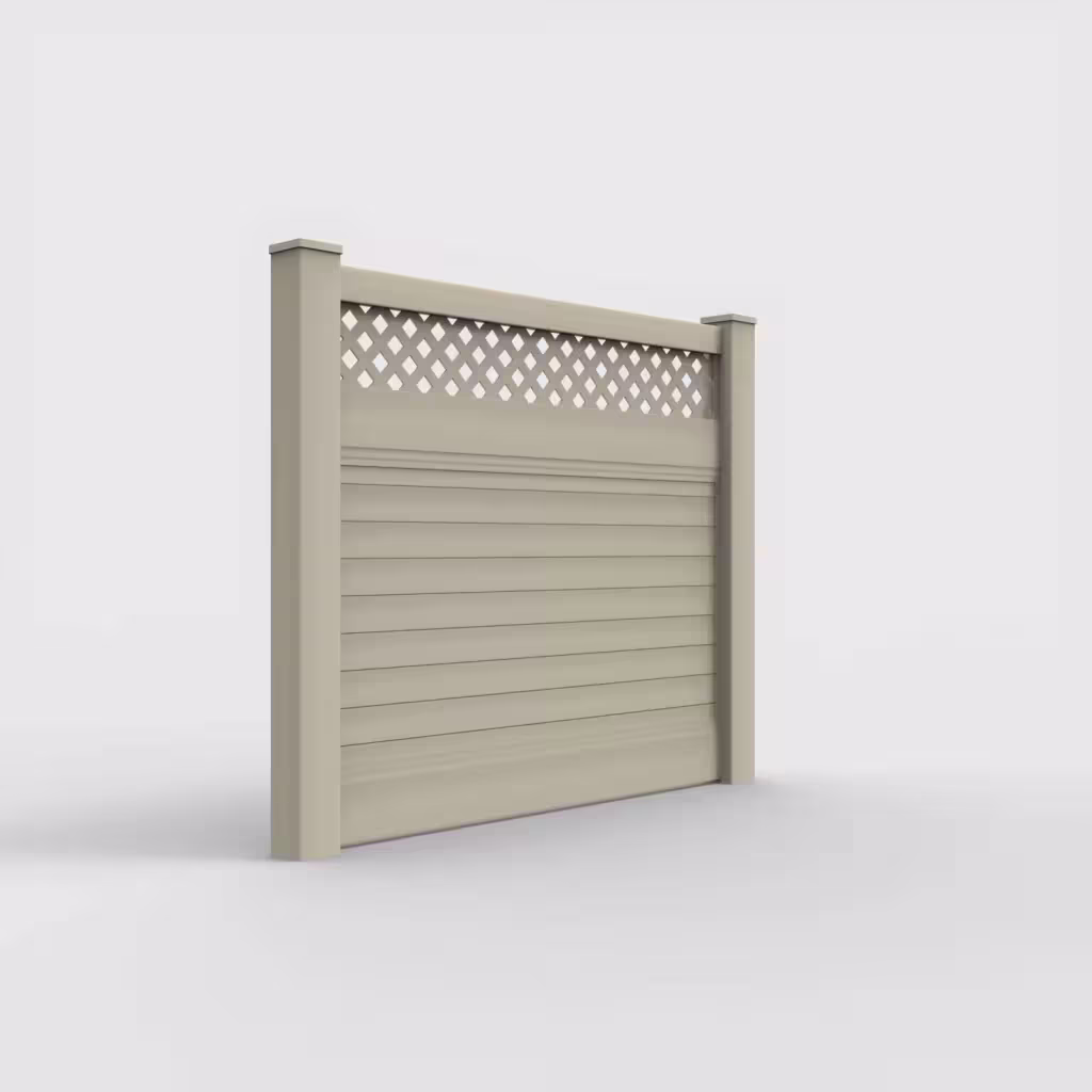 Tan horizontal privacy with lattice top 5 ft fence, right-side view