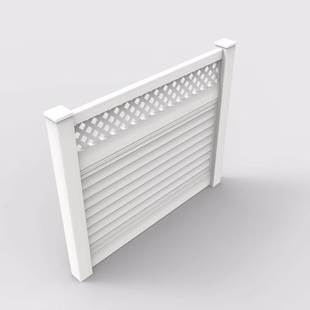 White horizontal privacy with lattice top 5 ft fence, isometric view