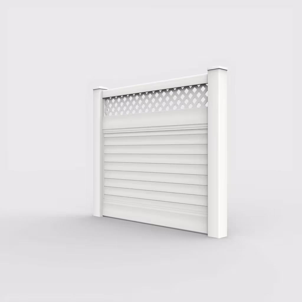 White horizontal privacy with lattice top 5 ft fence, left-side view