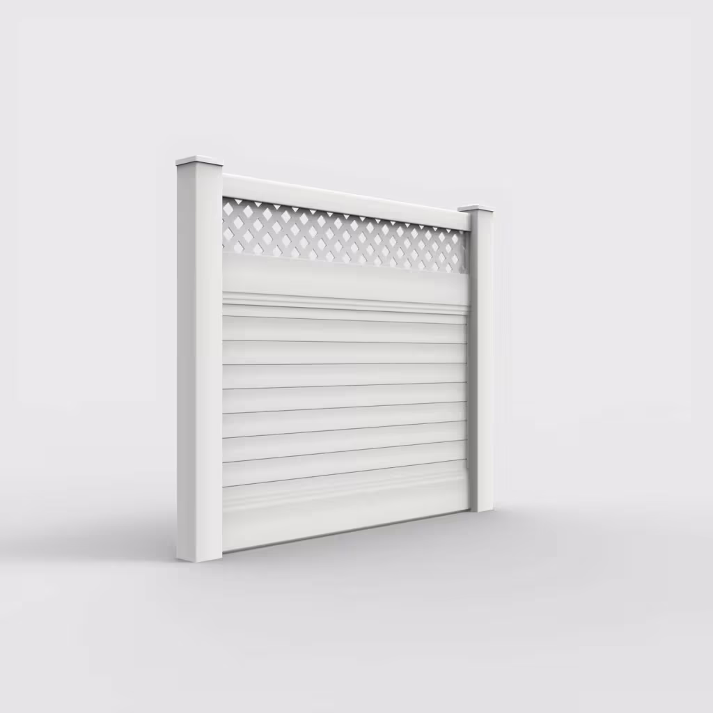 White horizontal privacy with lattice top 5 ft fence, right-side view