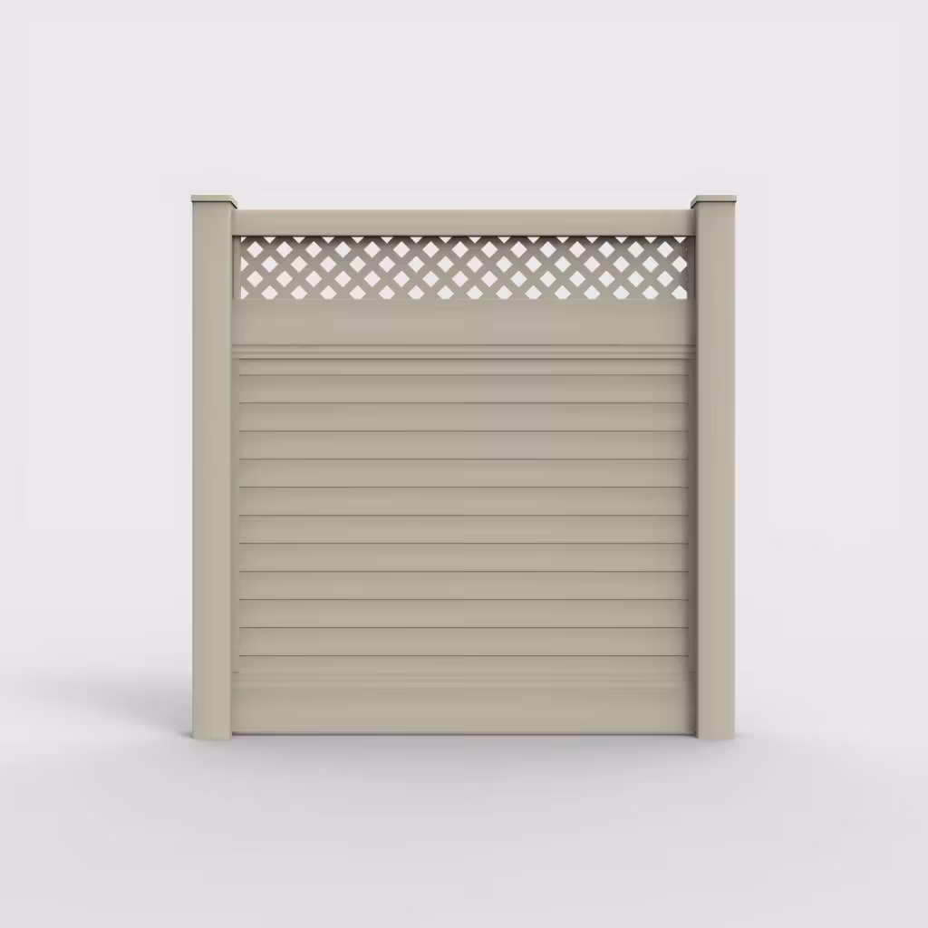 Tan horizontal privacy with lattice top 6 ft fence, front view