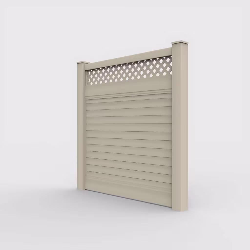 Tan horizontal privacy with lattice top 6 ft fence, left-side view