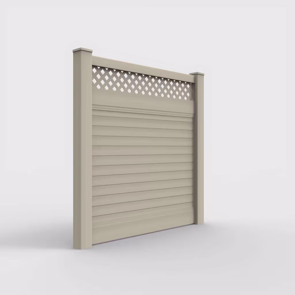 Tan horizontal privacy with lattice top 6 ft fence, right-side view