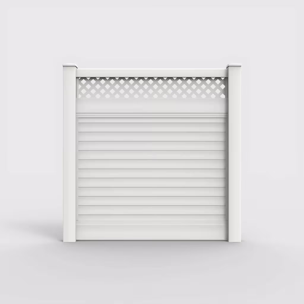 White horizontal privacy with lattice top 6 ft fence, front view