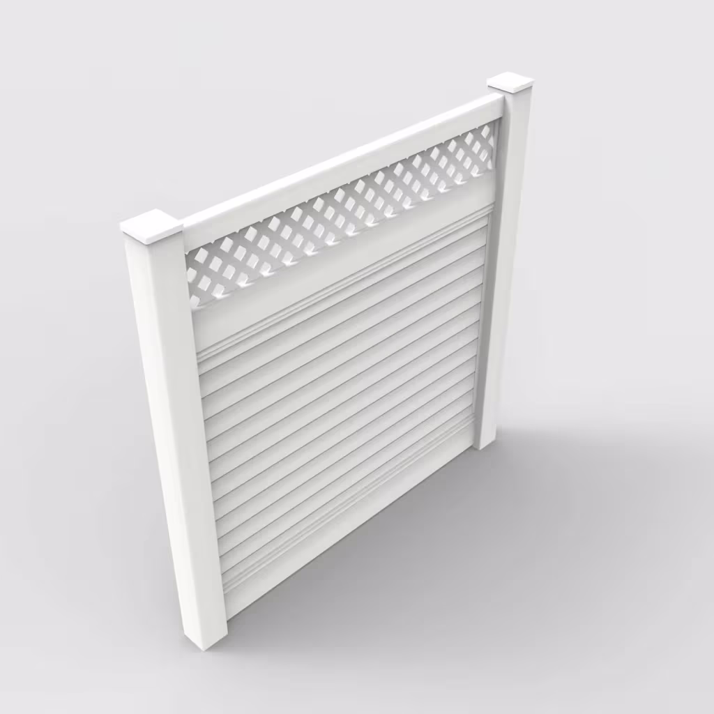 White horizontal privacy with lattice top 6 ft fence, isometric view