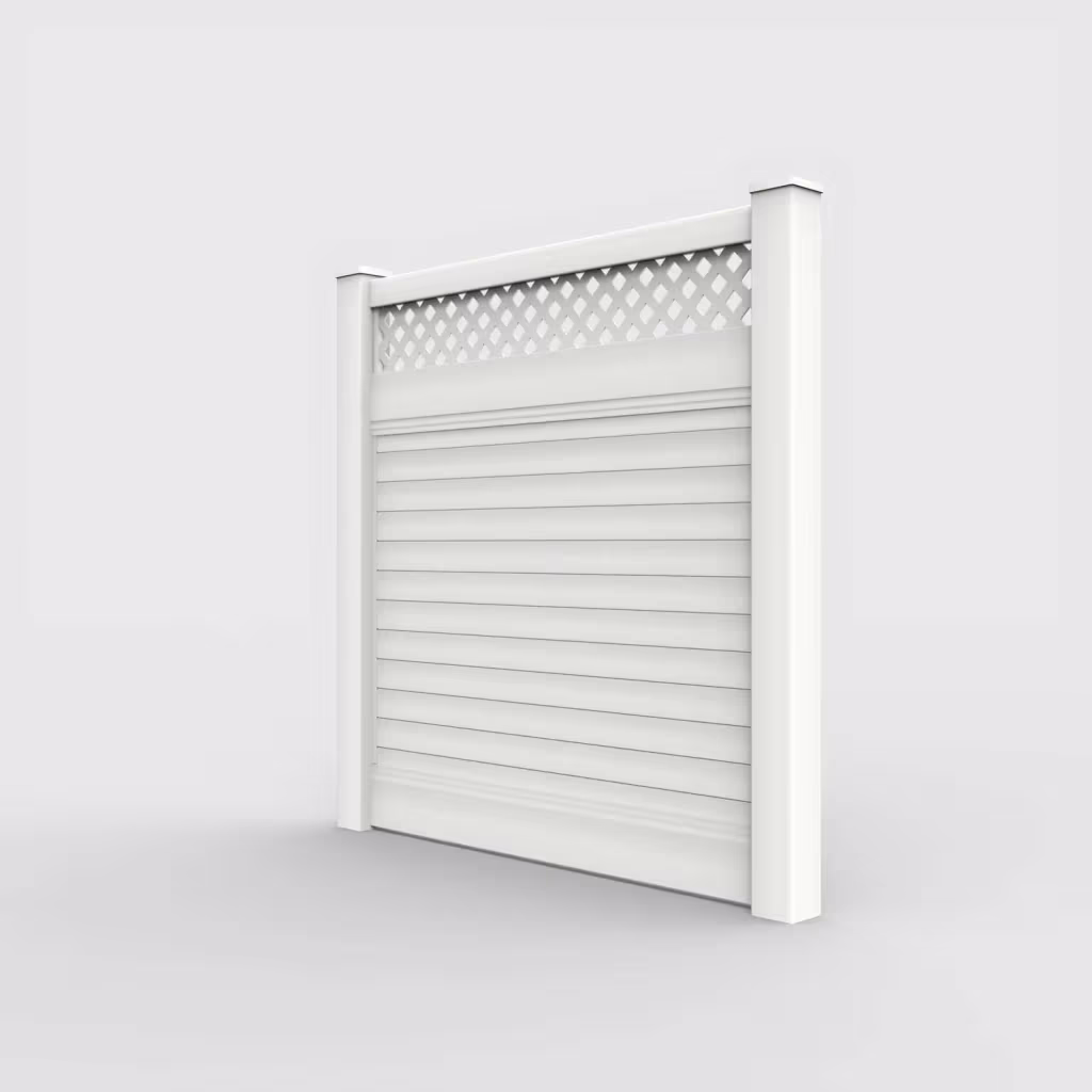 White horizontal privacy with lattice top 6 ft fence, left-side view