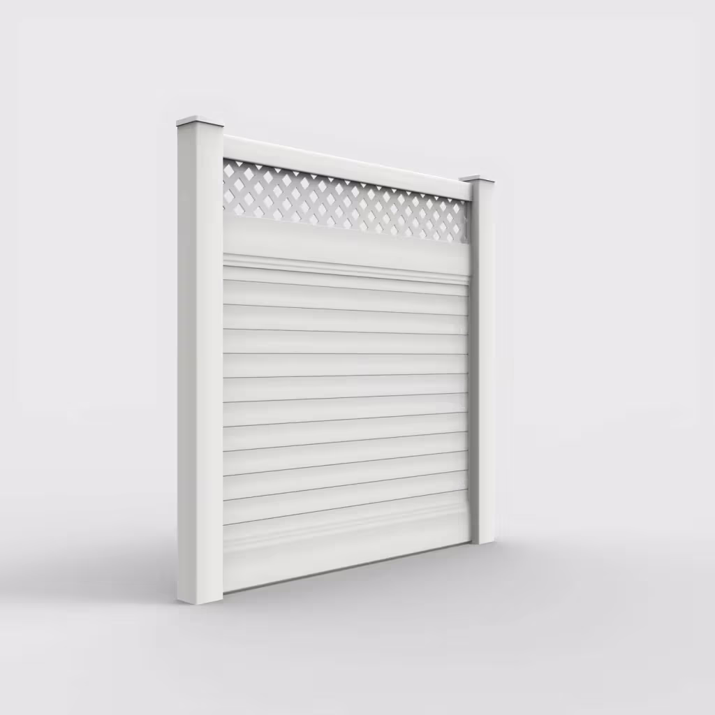 White horizontal privacy with lattice top 6 ft fence, right-side view