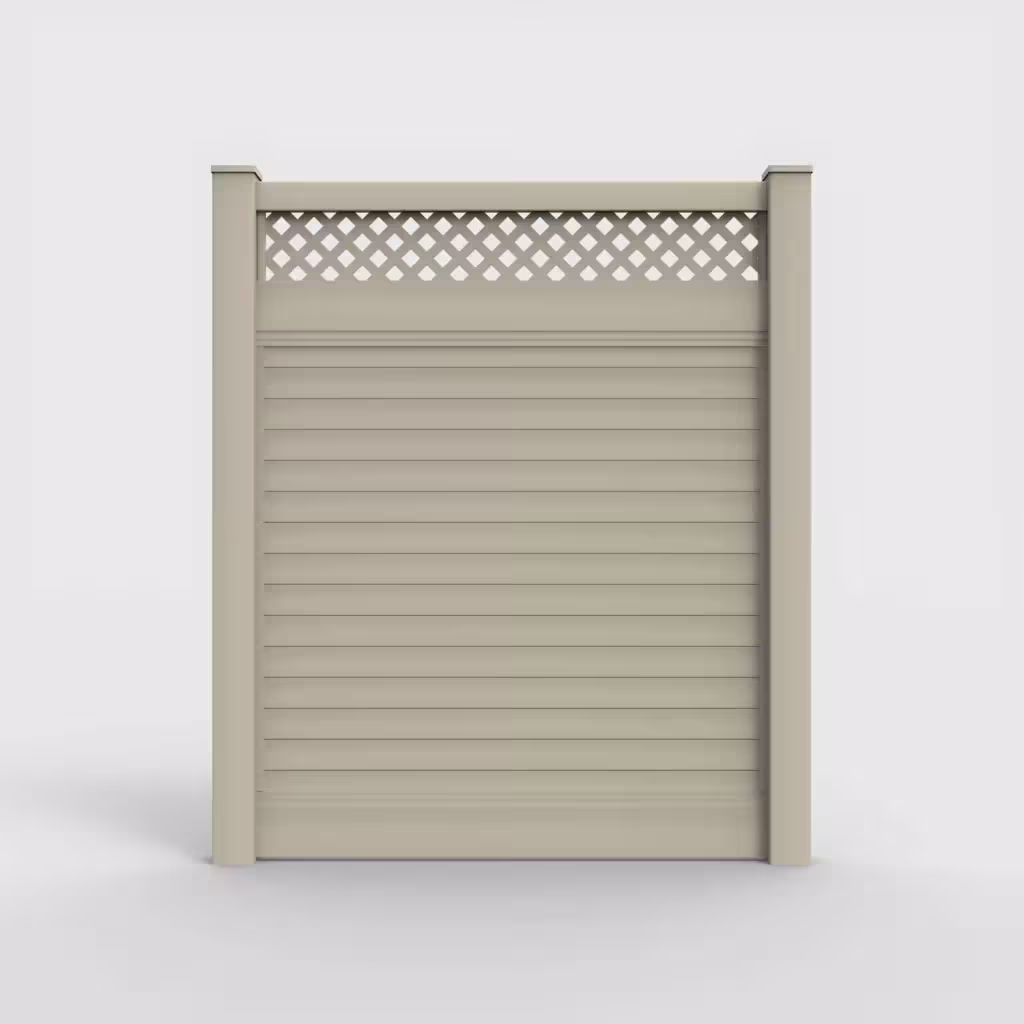 Tan horizontal privacy with lattice top 7 ft fence, front view
