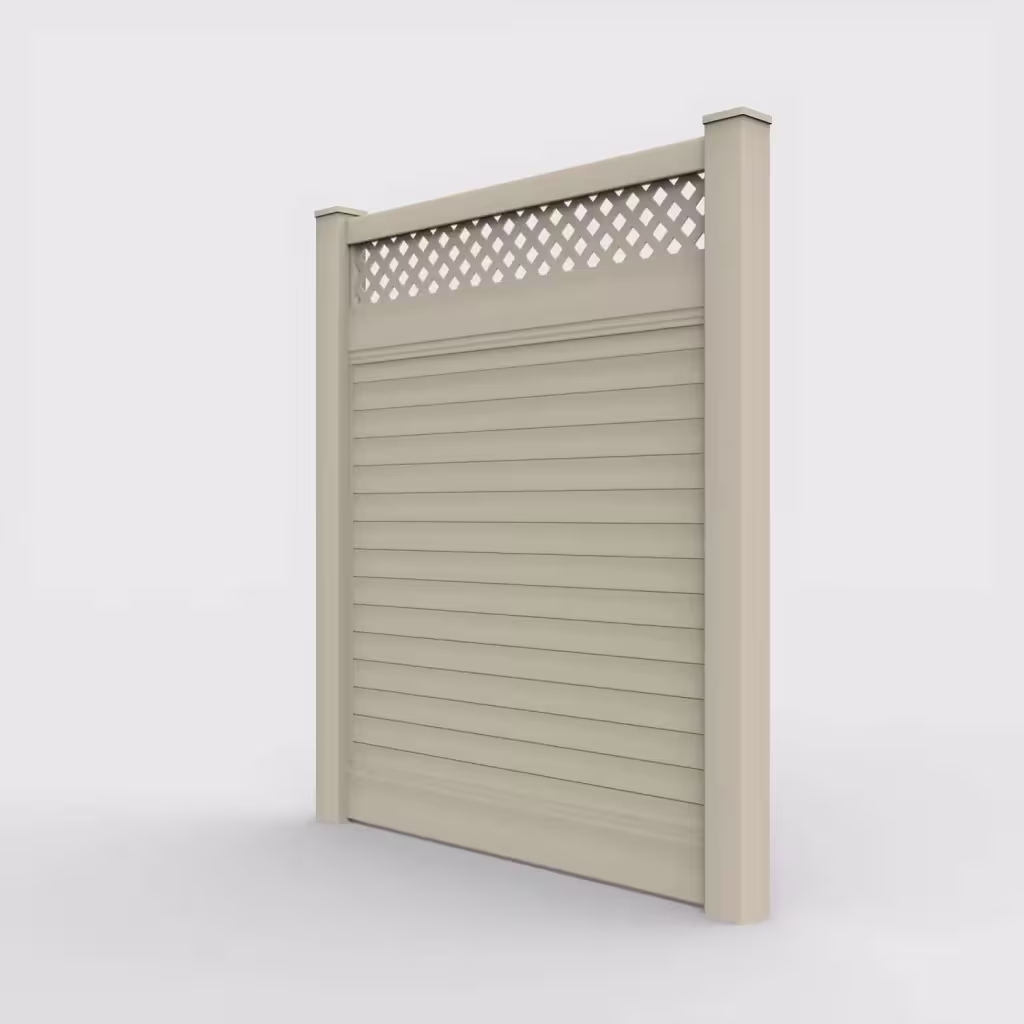 Tan horizontal privacy with lattice top 7 ft fence, left-side view