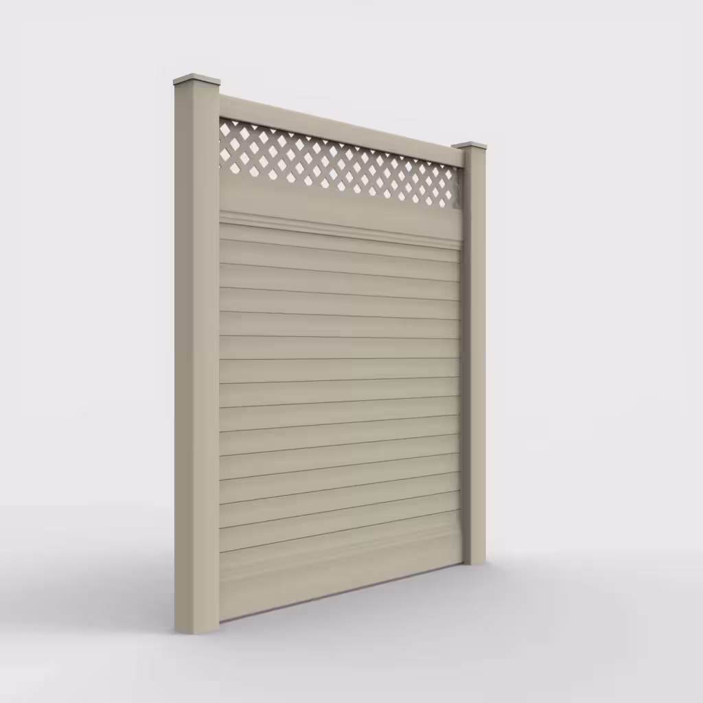 Tan horizontal privacy with lattice top 7 ft fence, right-side view