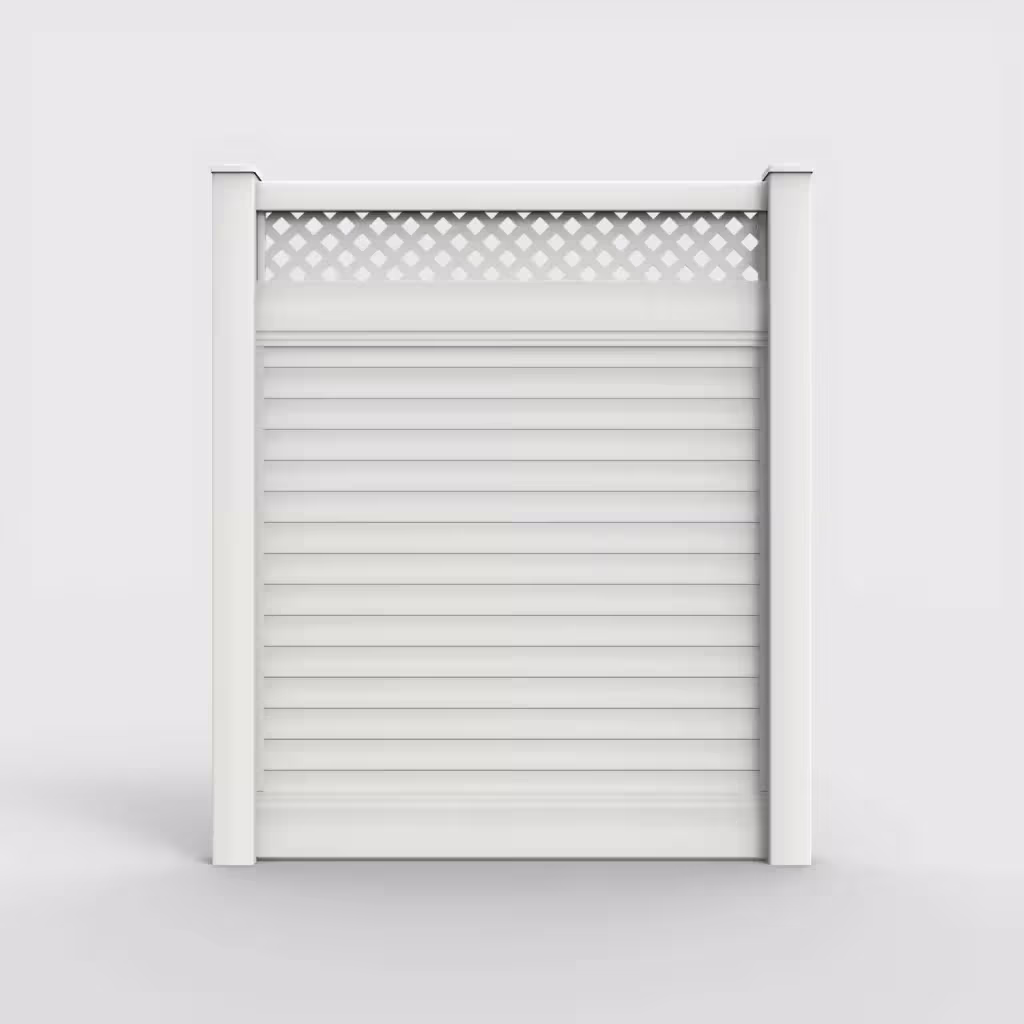 White horizontal privacy with lattice top 7 ft fence, front view