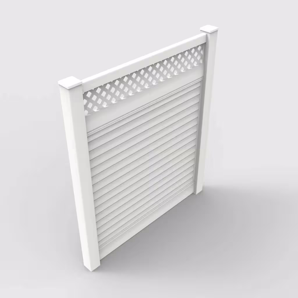 White horizontal privacy with lattice top 7 ft fence, isometric view