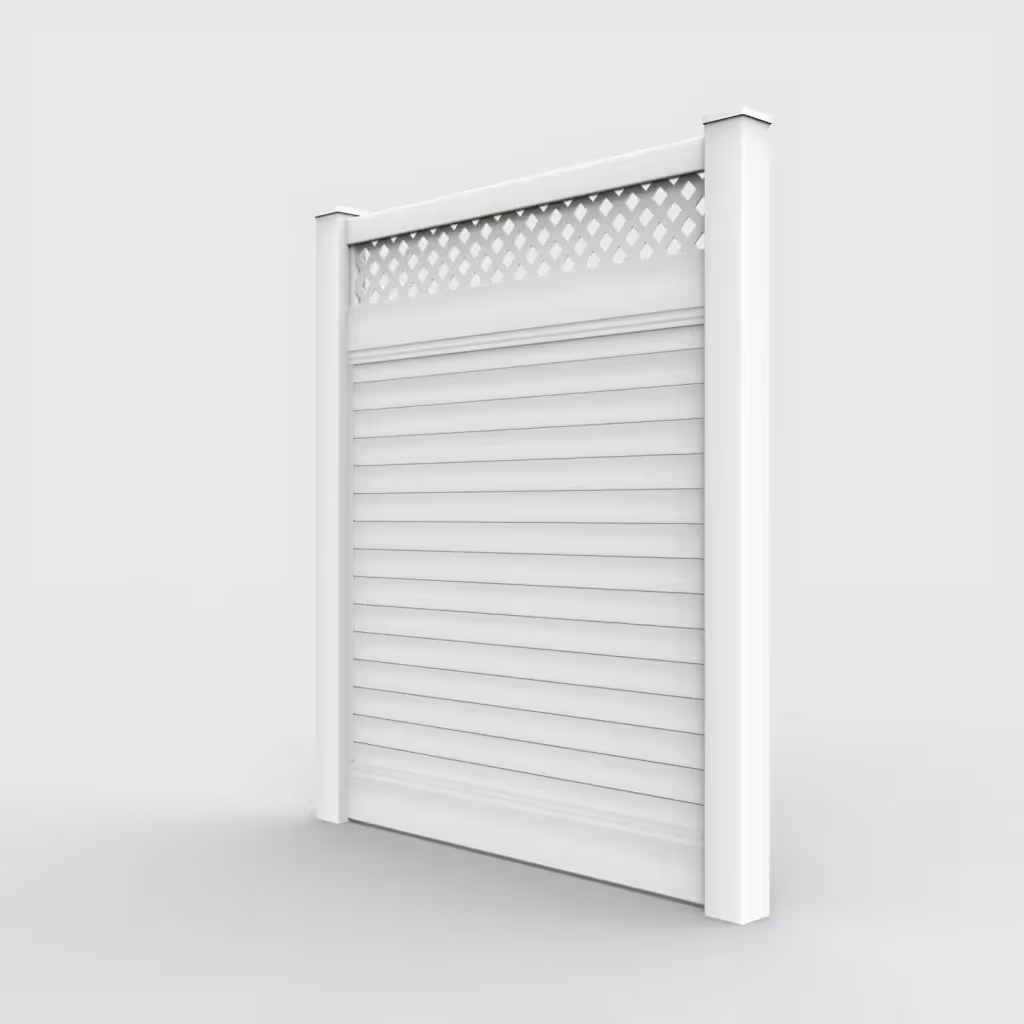 White horizontal privacy with lattice top 7 ft fence, left-side view