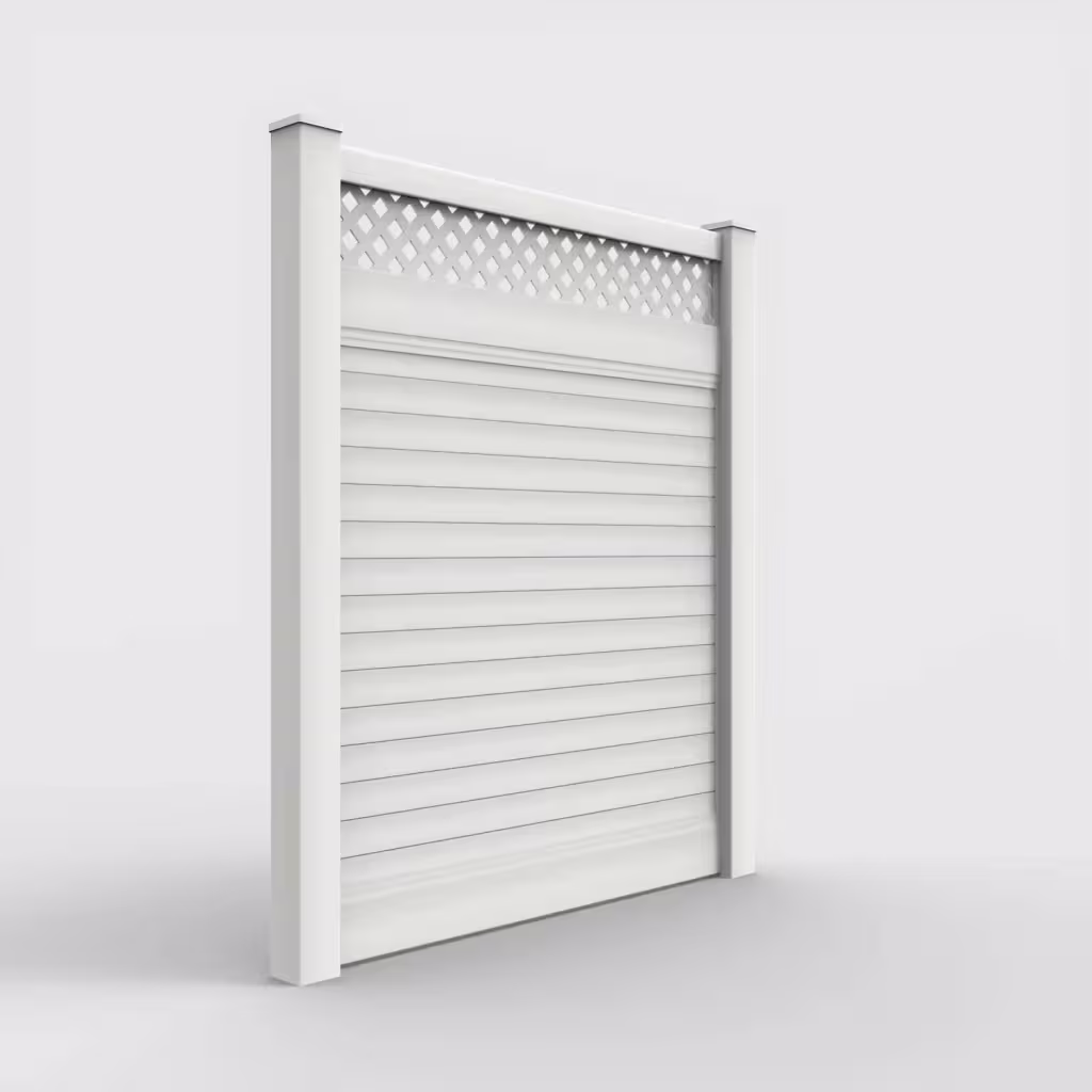 White horizontal privacy with lattice top 7 ft fence, right-side view