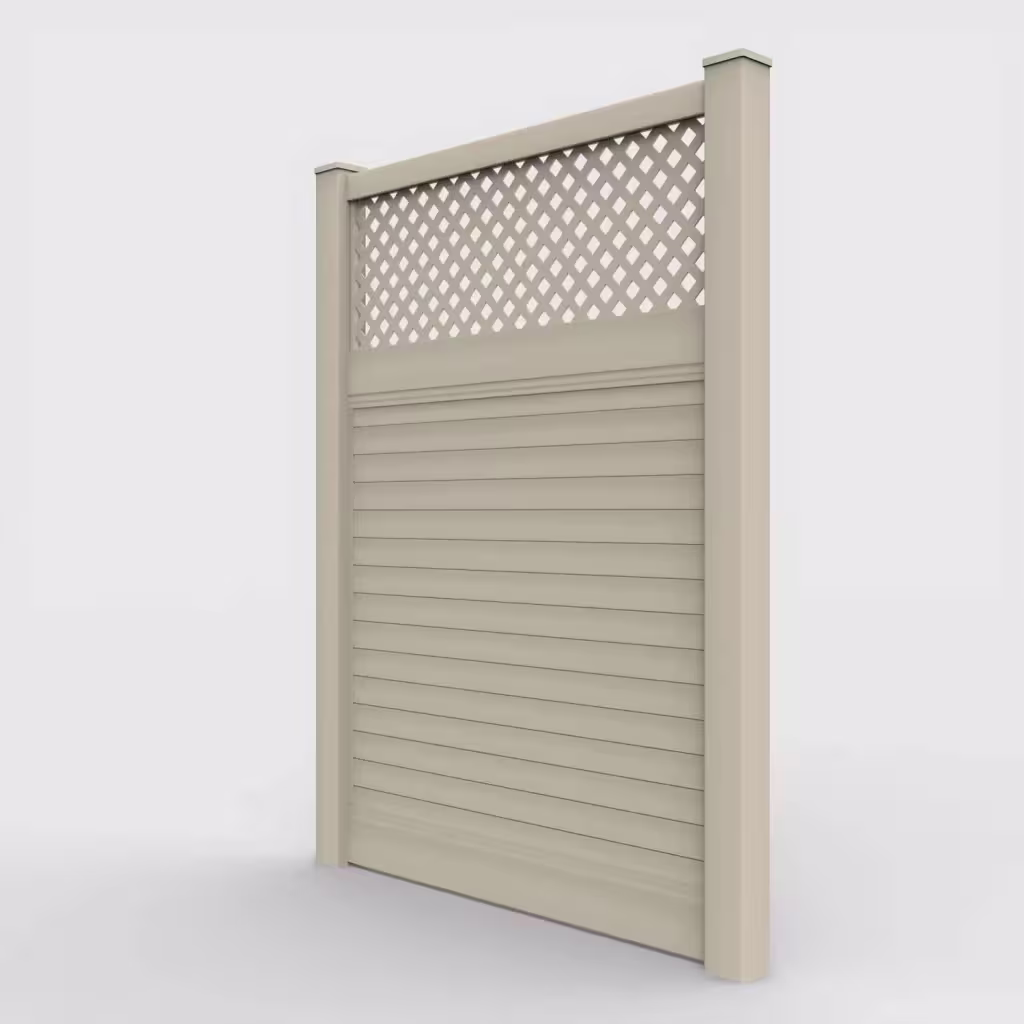 Tan horizontal privacy with lattice top 8 ft fence, left-side view