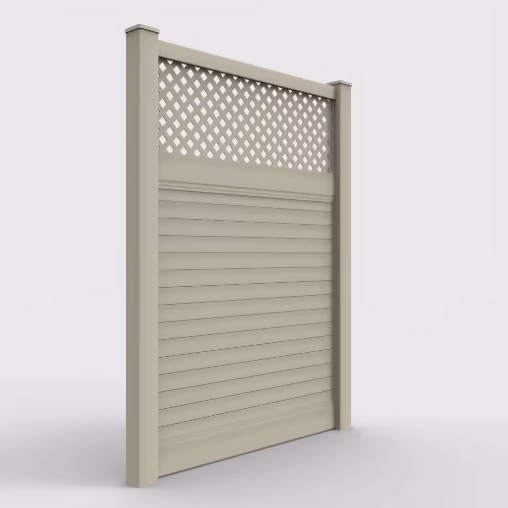 Tan horizontal privacy with lattice top 8 ft fence, right-side view
